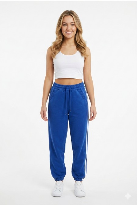 Bayan İki İplik Üç Çizgili Rahat Kesim Lastik Paçalı Cepli Günlük Spor Giyim Alt Eşofman