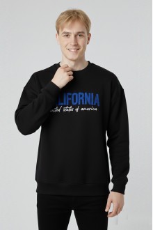 Erkek Siyah Oversize Bisiklet Yaka California Nakış Baskılı Pamuklu Sweatshirt