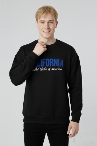 Erkek Siyah Oversize Bisiklet Yaka California Nakış Baskılı Pamuklu Sweatshirt