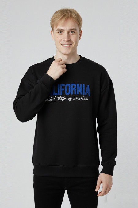 Erkek Siyah Oversize Bisiklet Yaka California Nakış Baskılı Pamuklu Sweatshirt
