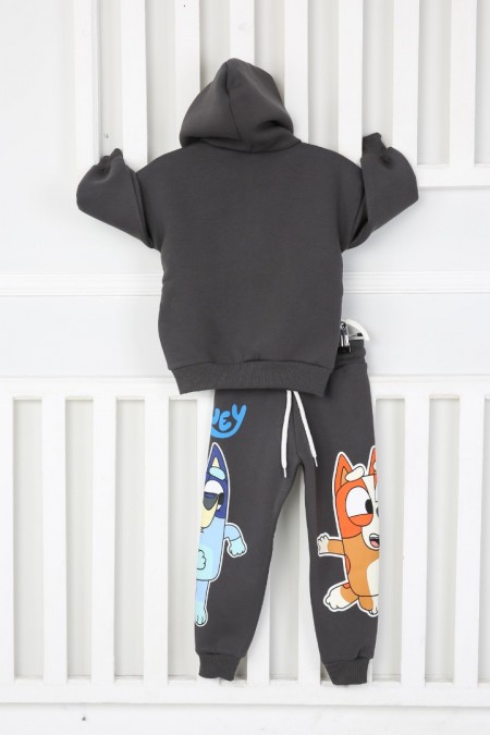 Üç İplik Şardonlu Kapşonlu Arka Baskılı Siyah Takım 