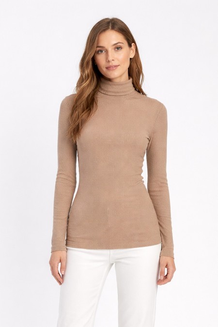 Kadın Kahve Balıkçı Yaka Uzun Kollu Fitilli Slim Fit Şık Günlük Triko Body