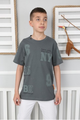  Sıfır Yaka Baskılı %100 Cotton Kumaş Antrasit Tişört