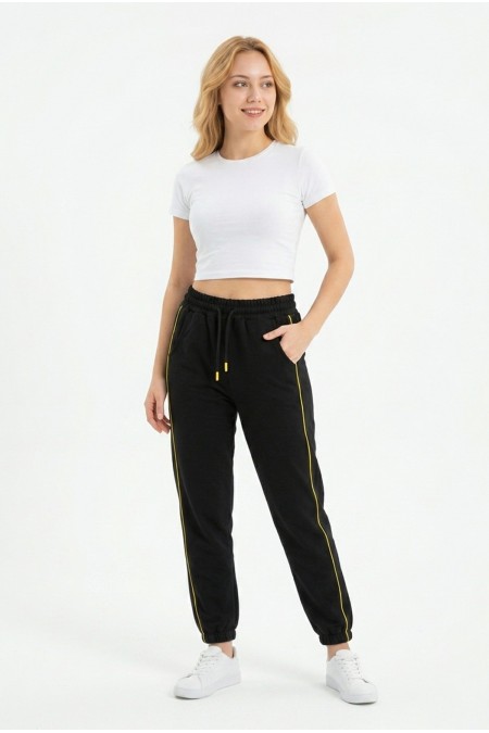 Kadın İki İplik Yanı İnce Çizgili Rahat Kesim Lastik Paçalı Cepli Günlük Spor Giyim Alt Eşofman