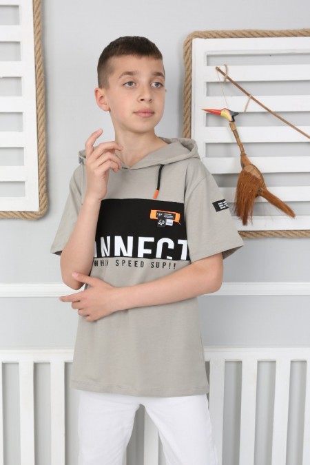 Kapşonlu Baskılı 100% Cotton Vizon Tişört