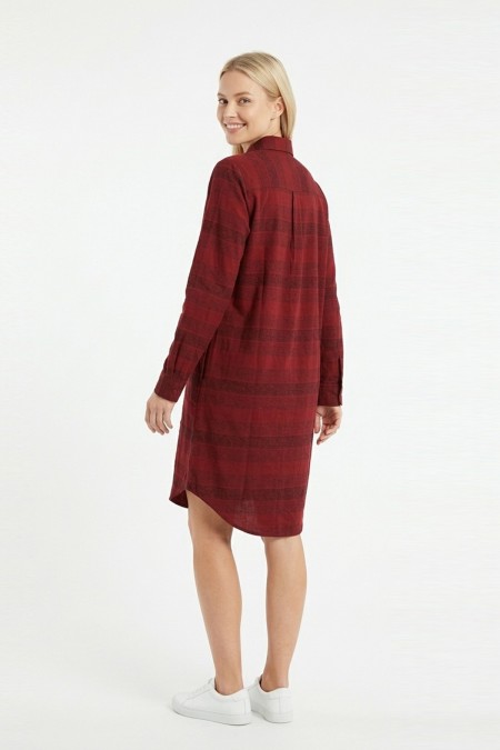 Kadın Bordo Yatay Çizgili Boydan Düğmeli Uzun Kollu Gömlek Tunik Elbise