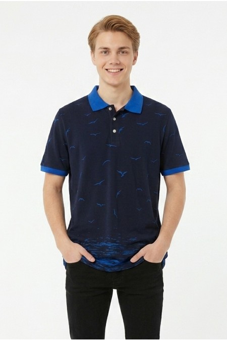 Erkek Martı Desenli Garnili Polo Yaka Kısa Kollu Slim Fit Pamuklu Tişört