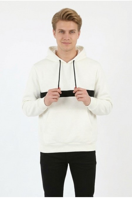 Erkek Üç İplik Kapşonlu Kalın Çizgili Kanguru Cepli Günlük Sweatshirt