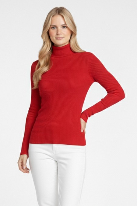 Kadın Kırmızı Balıkçı Yaka Uzun Kollu Fitilli Slim Fit Şık Günlük Triko Body