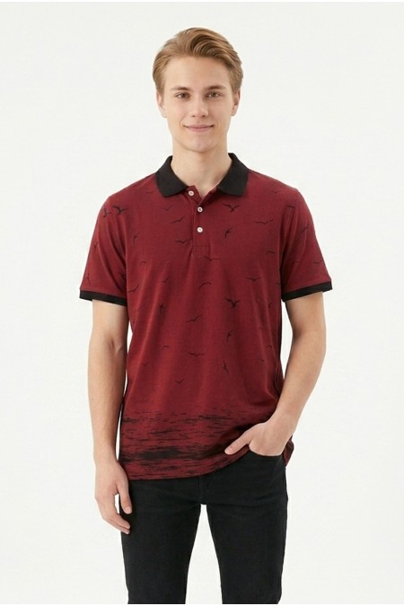 Erkek Martı Desenli Garnili Polo Yaka Kısa Kollu Slim Fit Pamuklu Tişört