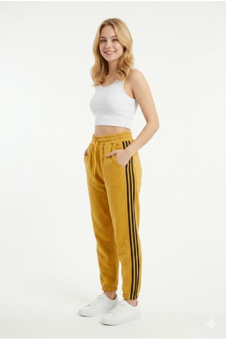 Bayan İki İplik Üç Çizgili Rahat Kesim Lastik Paçalı Cepli Günlük Spor Giyim Alt Eşofman