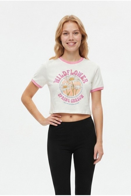 Kadın Papatya Baskılı Bisiklet Yaka Kısa Kollu Pamuklu Ringer Crop Tişört