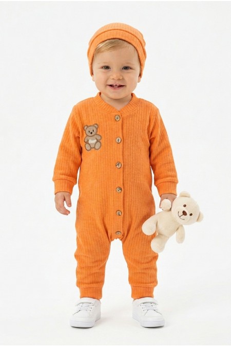 Şardonlu Bear Düğmeli Şapkalı Turuncu Tulum 