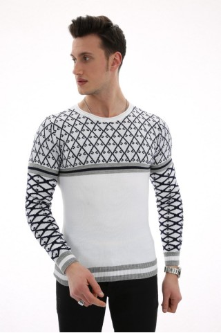 Desenli Kalın Beyaz Kazak