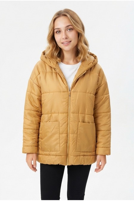 Kadın Fermuarlı Cepli Kapüşonlu Oversize Şişme Mont