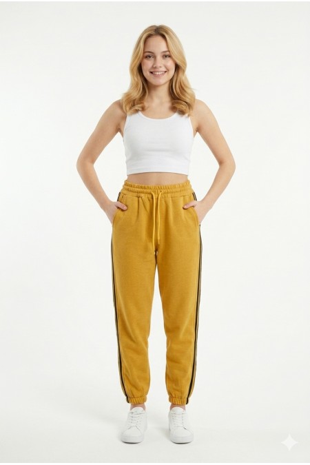 Bayan İki İplik Üç Çizgili Rahat Kesim Lastik Paçalı Cepli Günlük Spor Giyim Alt Eşofman