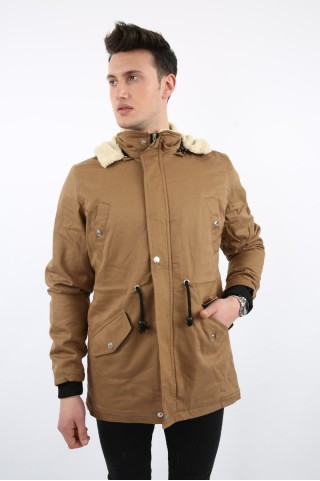 Kapşonlu İçi Kürklü Hardal Mont