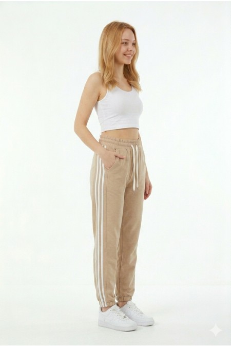 Bayan İki İplik Üç Çizgili Rahat Kesim Lastik Paçalı Cepli Günlük Spor Giyim Alt Eşofman