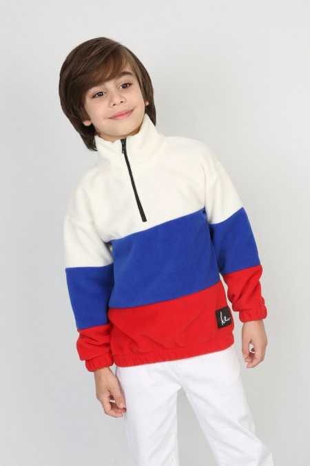 Full Polar Kumaş Yarım Fermuarlı Garnili Saks Sweat