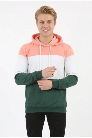 Erkek Üç İplik Şardonlu Kapüşonlu Parçalı Kanguru Cepli Günlük Sweatshirt