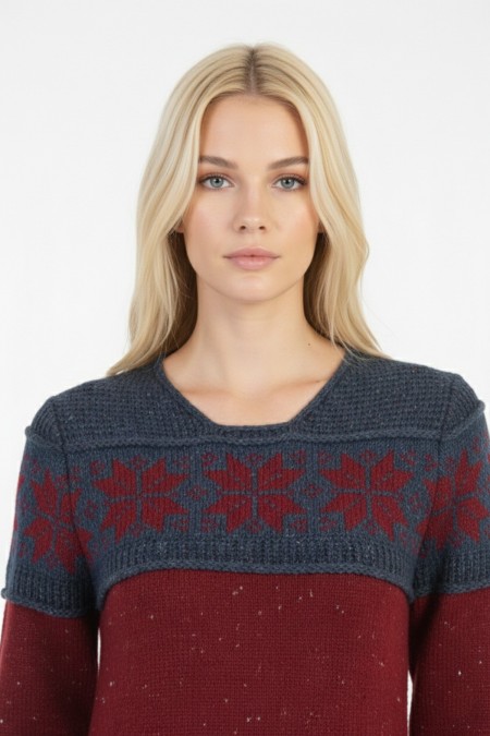 Kadın Bordo Kar Tanesi Desenli Bisiklet Yaka Uzun Kollu Jakarlı Mini Triko Kazak Elbise