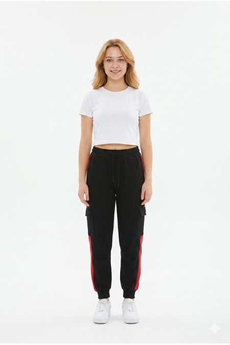 Kadın Şeritli Kargo Cepli Rahat Kesim Lastik Paçalı Günlük Spor Alt Eşofman