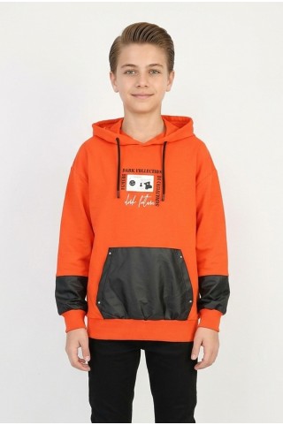 Erkek Çocuk İki İplik Kapüşonlu Baskılı Deri Detay Cepli Günlük  Sweatshirt