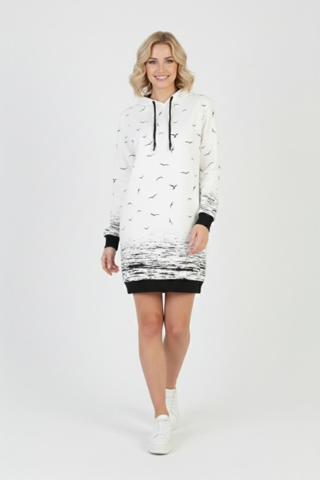 Kadın Beyaz Martı Desenli Kapüşonlu Cepli Uzun Kollu Jakarlı İnterlok Penye Sweatshirt Elbise