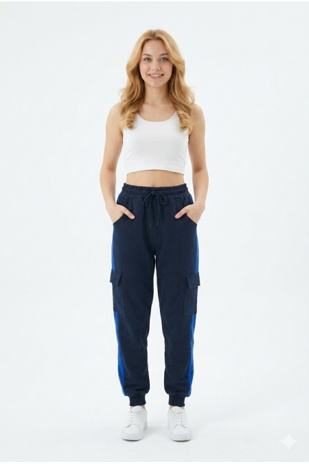 Kadın Şeritli Kargo Cepli Rahat Kesim Lastik Paçalı Günlük Spor Alt Eşofman