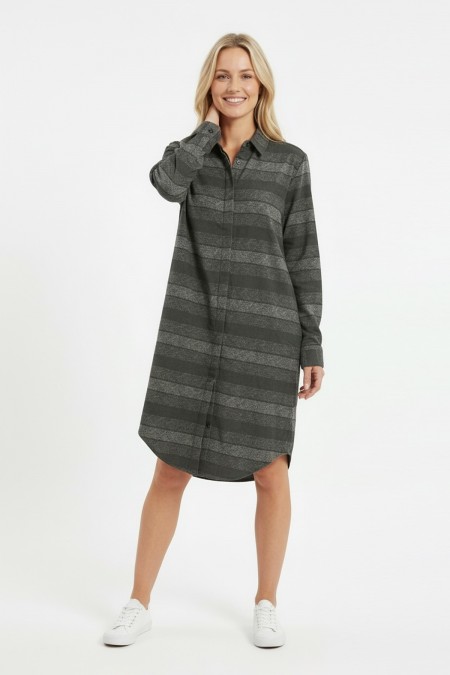 Kadın Haki Yatay Çizgili Boydan Düğmeli Uzun Kollu Gömlek Tunik Elbise