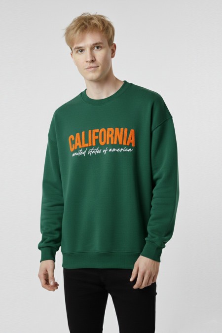 Erkek Yeşil Oversize Bisiklet Yaka California Nakış Baskılı Pamuklu Sweatshirt