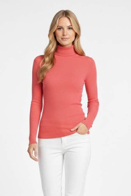 Kadın Pembe Balıkçı Yaka Uzun Kollu Fitilli Slim Fit Şık Günlük Triko Body