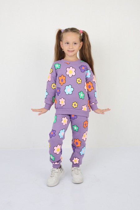 Üç İplik Şardonlu Baskılı Lila Takım 