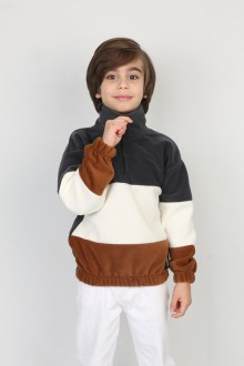 Full Polar Kumaş Yarım Fermuarlı Garnili Füme Sweat