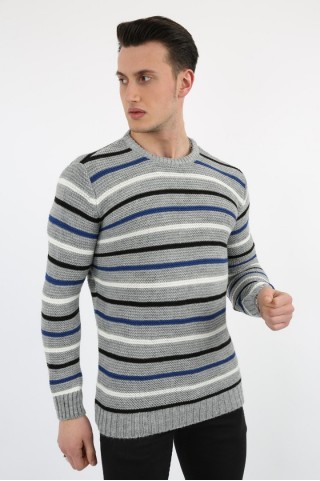 Çizgi Desenli Gri Kazak