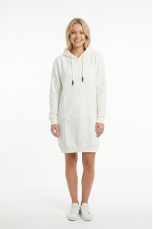 Kadın Beyaz Kapüşonlu Kanguru Cep Detaylı Uzun Kollu  Sweatshirt Tunik Elbise