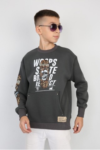 Üç İplik Şardonlu Baskılı Kanguru Cepli Erkek Çocuk Günlük Sweatshirt