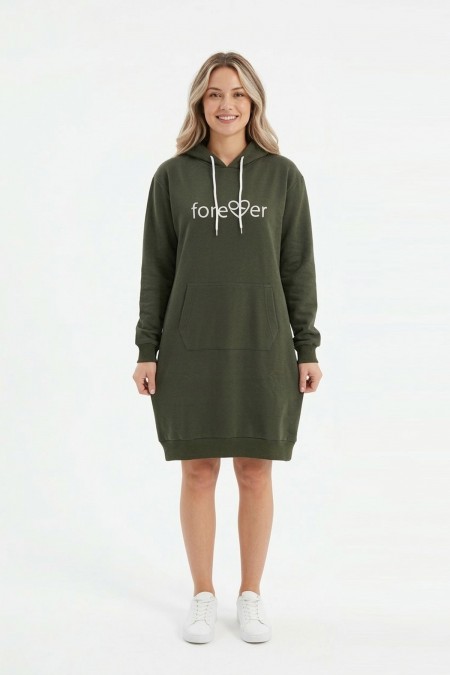 Kadın Haki Forever Baskılı Kapüşonlu Kanguru Cepli Uzun Sweatshirt Tunik Elbise