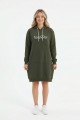 Kadın Haki Forever Baskılı Kapüşonlu Kanguru Cepli Uzun Sweatshirt Tunik Elbise