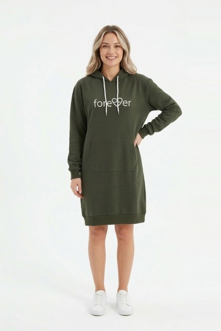 Kadın Haki Forever Baskılı Kapüşonlu Kanguru Cepli Uzun Sweatshirt Tunik Elbise