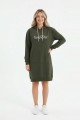 Kadın Haki Forever Baskılı Kapüşonlu Kanguru Cepli Uzun Sweatshirt Tunik Elbise
