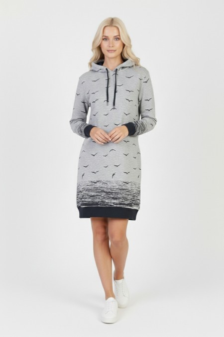 Kadın Gri Martı Desenli Kapüşonlu Cepli Uzun Kollu Jakarlı İnterlok Penye Sweatshirt Elbise