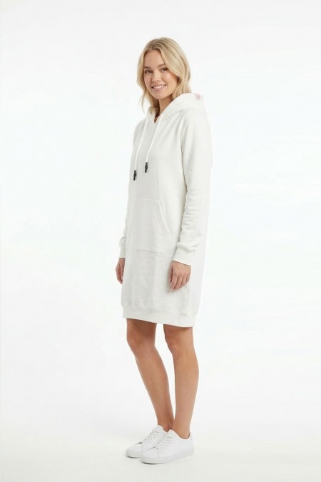 Kadın Beyaz Kapüşonlu Kanguru Cep Detaylı Uzun Kollu  Sweatshirt Tunik Elbise