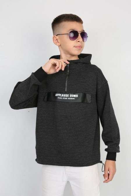 Yarım Fermuarlı Kapşonlu Baskılı Siyah Sweat