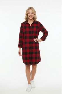 Kadın Kırmızı Siyah Ekose Desenli Düğmeli Uzun Kollu Pamuklu Gömlek Tunik Elbise