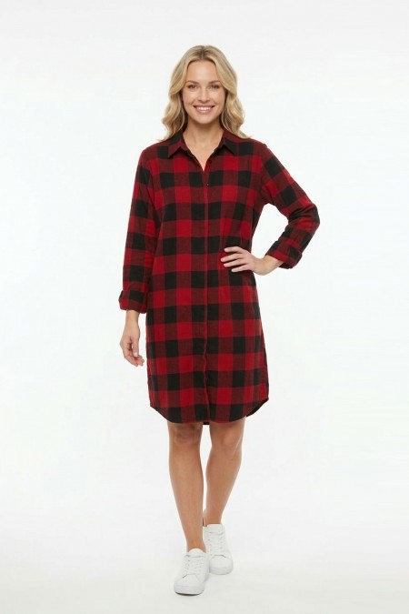 Kadın Kırmızı Siyah Ekose Desenli Düğmeli Uzun Kollu Pamuklu Gömlek Tunik Elbise
