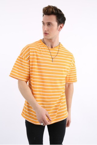 Çizgili Sıfır Yaka Oversıze Hardal Tişört