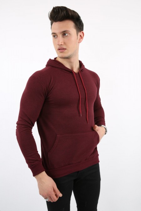 Kapşonlu Düz Vişne Sweat