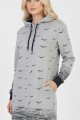 Kadın Gri Martı Desenli Kapüşonlu Cepli Uzun Kollu Jakarlı İnterlok Penye Sweatshirt Elbise