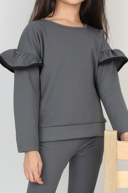 Şardonlu Fitilli Fırfır Detaylı Antrasit Taytlı Takım